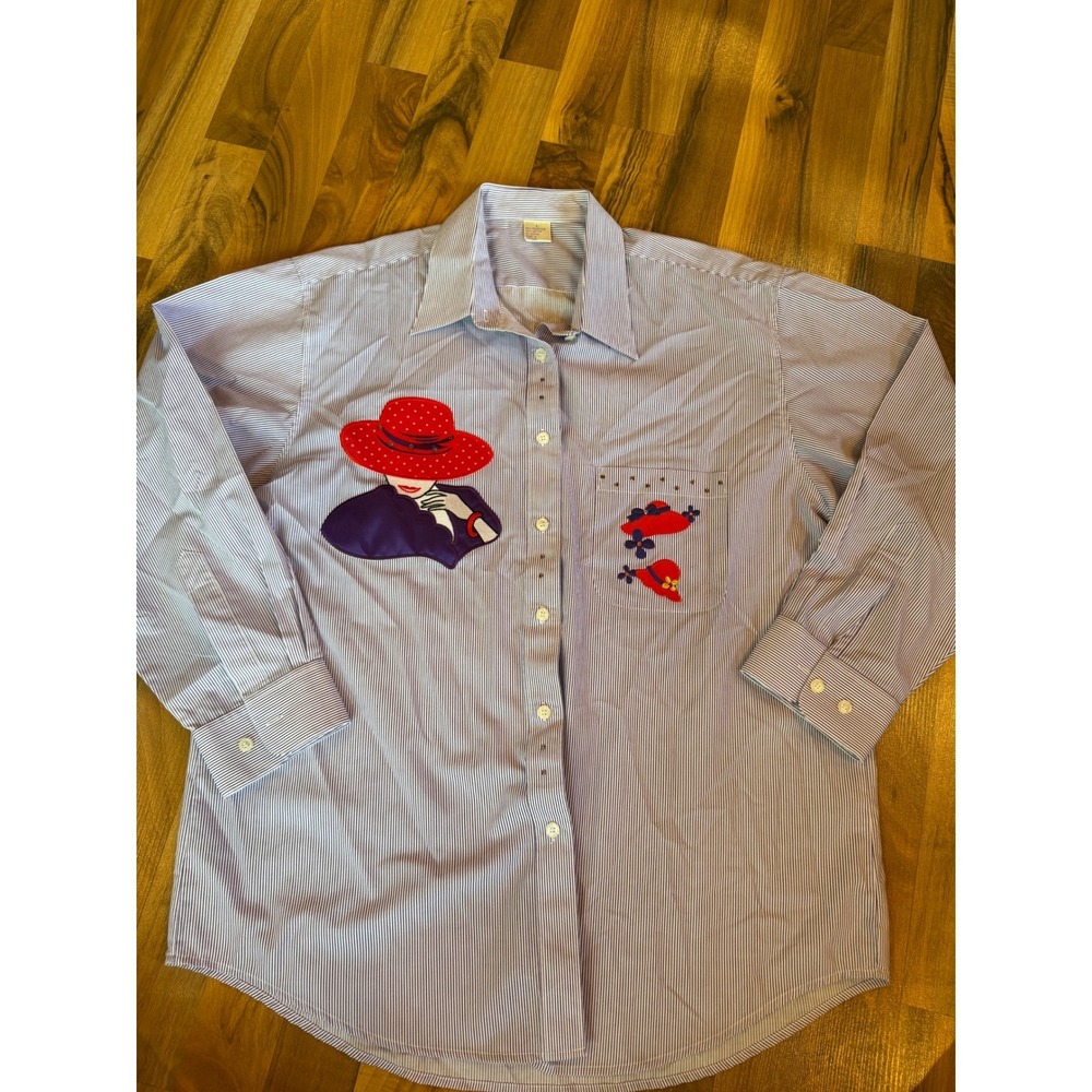 Red hat club Button Down Shirt Womens L Purple Stripe Embroidered Novelty